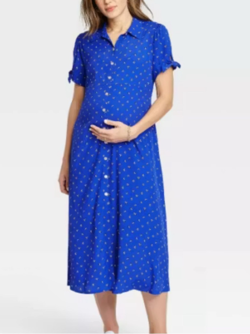 The Nines By Hatch Royal Blue Floral-Print Tie Crepe Maternity Dress, Large